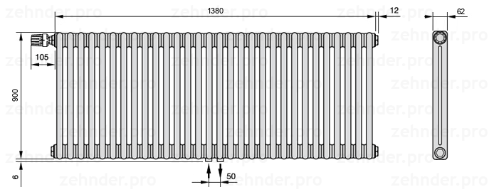 Схема (чертеж) Радиатор Zehnder Charleston 2090/30 №V007 Белый глянцевый RAL 9016